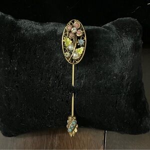 Vintage Art Flower Stick Pin with Enamel, Rhinestones, & Beads
